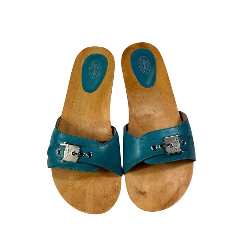 Dr Scholls Flex Turquoise Leather Wood Exercise Sandals Slides 10 632DS59 NEW
